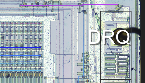 a photo of the 765 die centered on the DRQ pin showing bidirectionality(?) maybe?